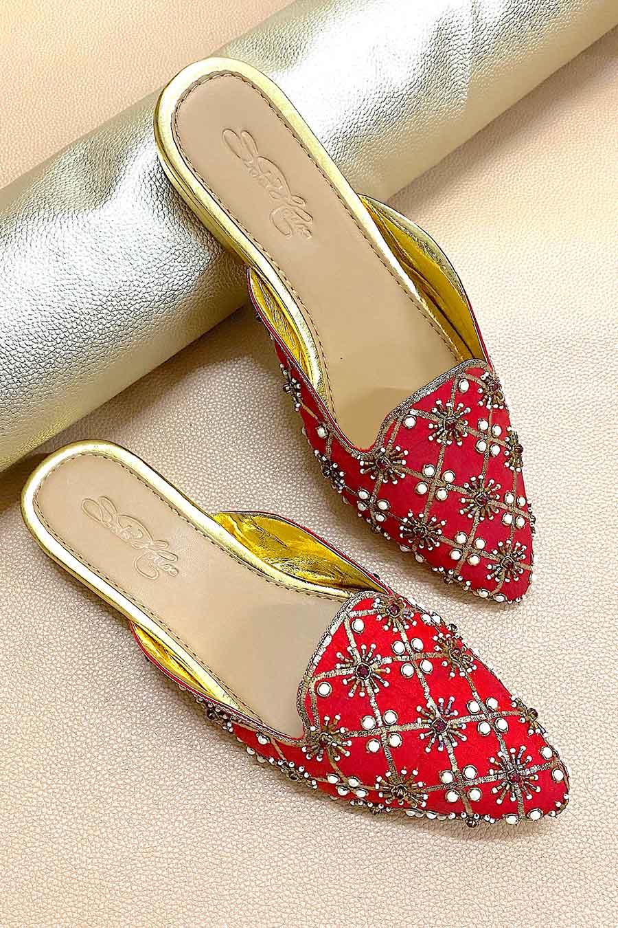 Red Nakkashi Embroidered Flat Mules