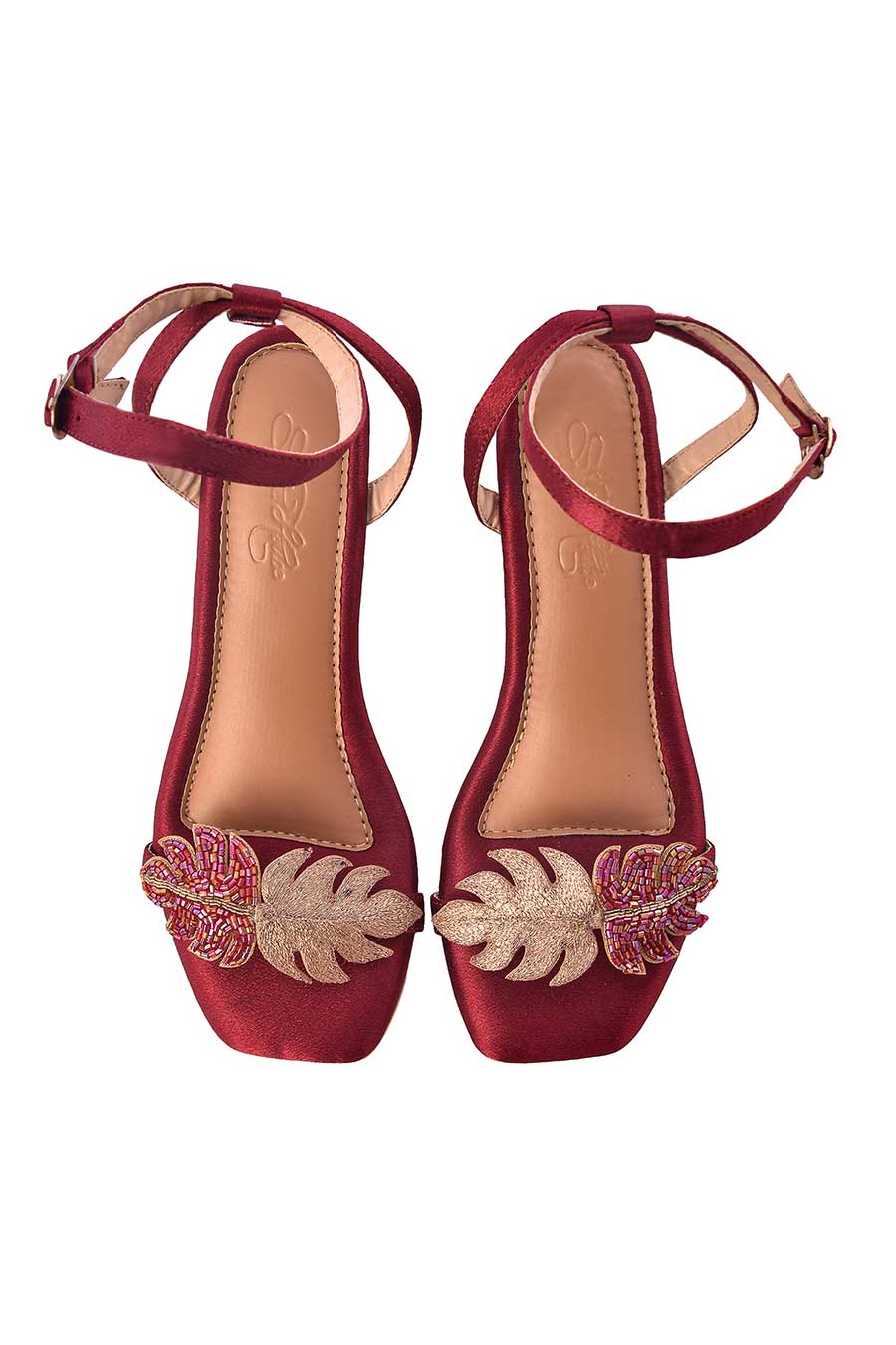 Maroon & Gold Embroidered Leaf Ivy Heels