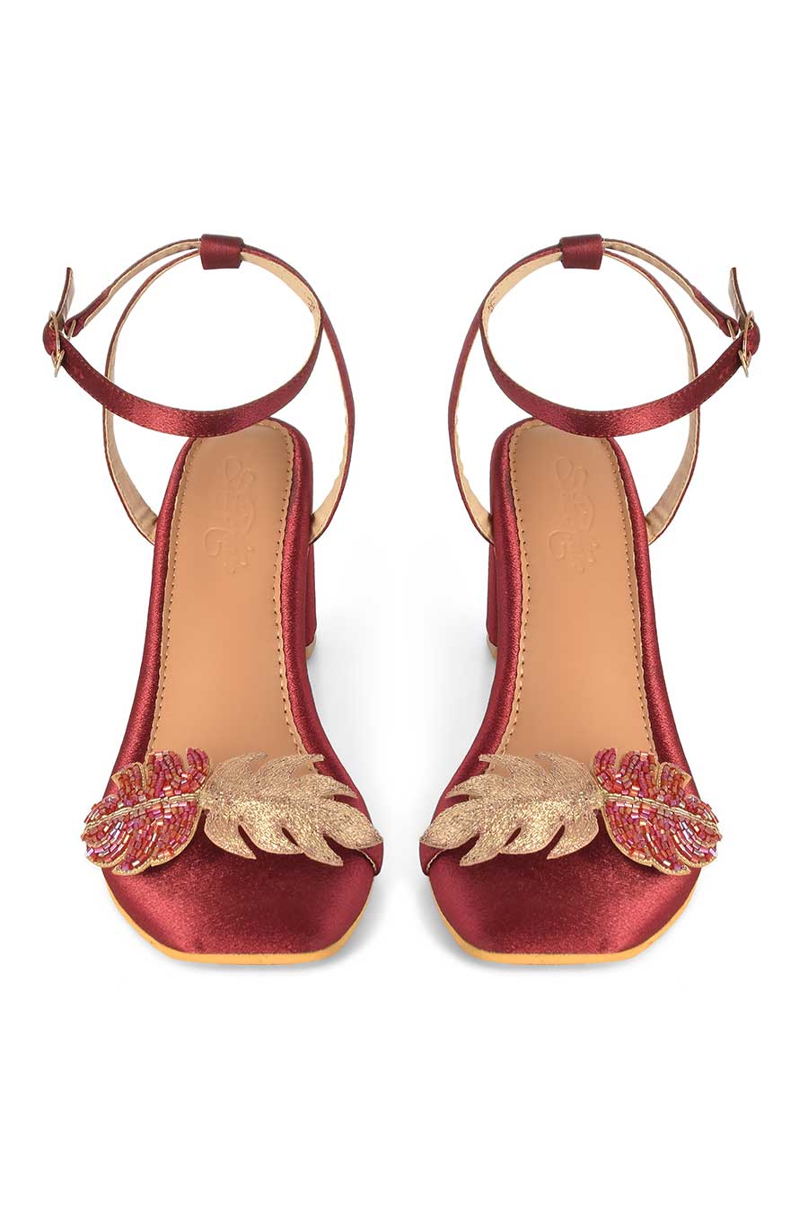 Maroon & Gold Embroidered Leaf Ivy Heels