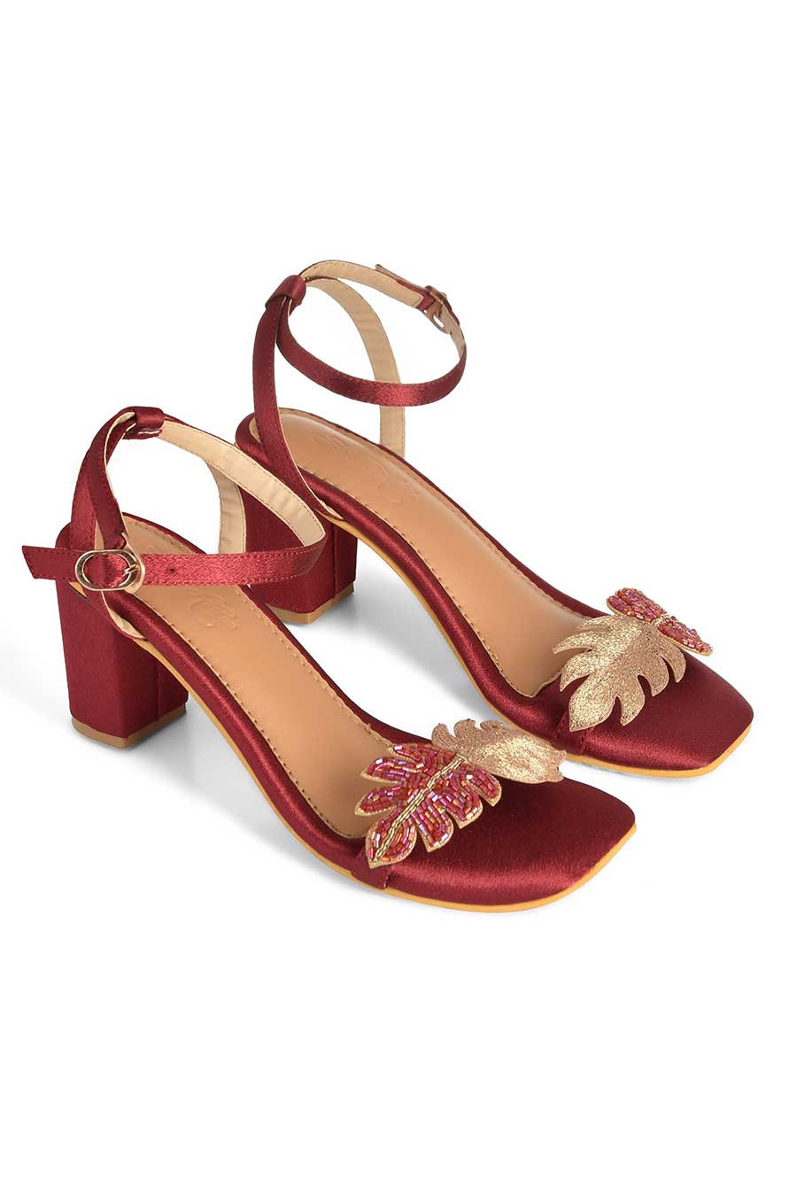 Maroon & Gold Embroidered Leaf Ivy Heels