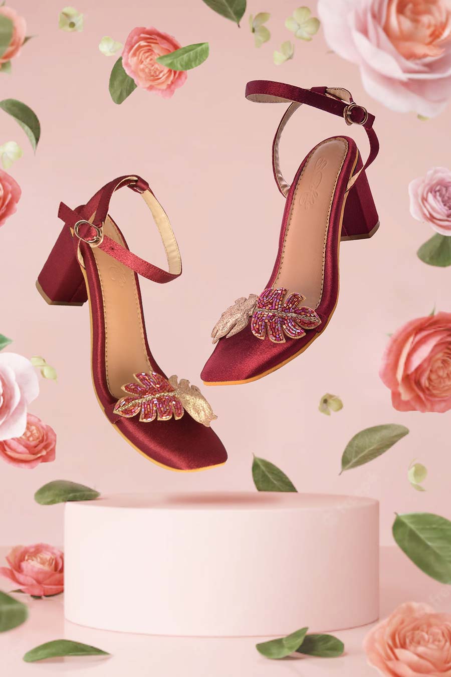 Maroon & Gold Embroidered Leaf Ivy Heels