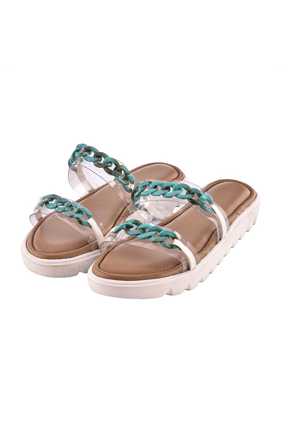 Nude Comfort Flats With Turquoise Chain