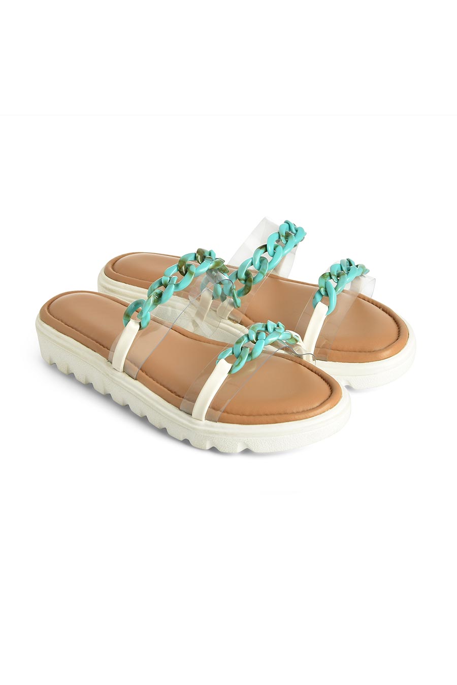 Nude Comfort Flats With Turquoise Chain