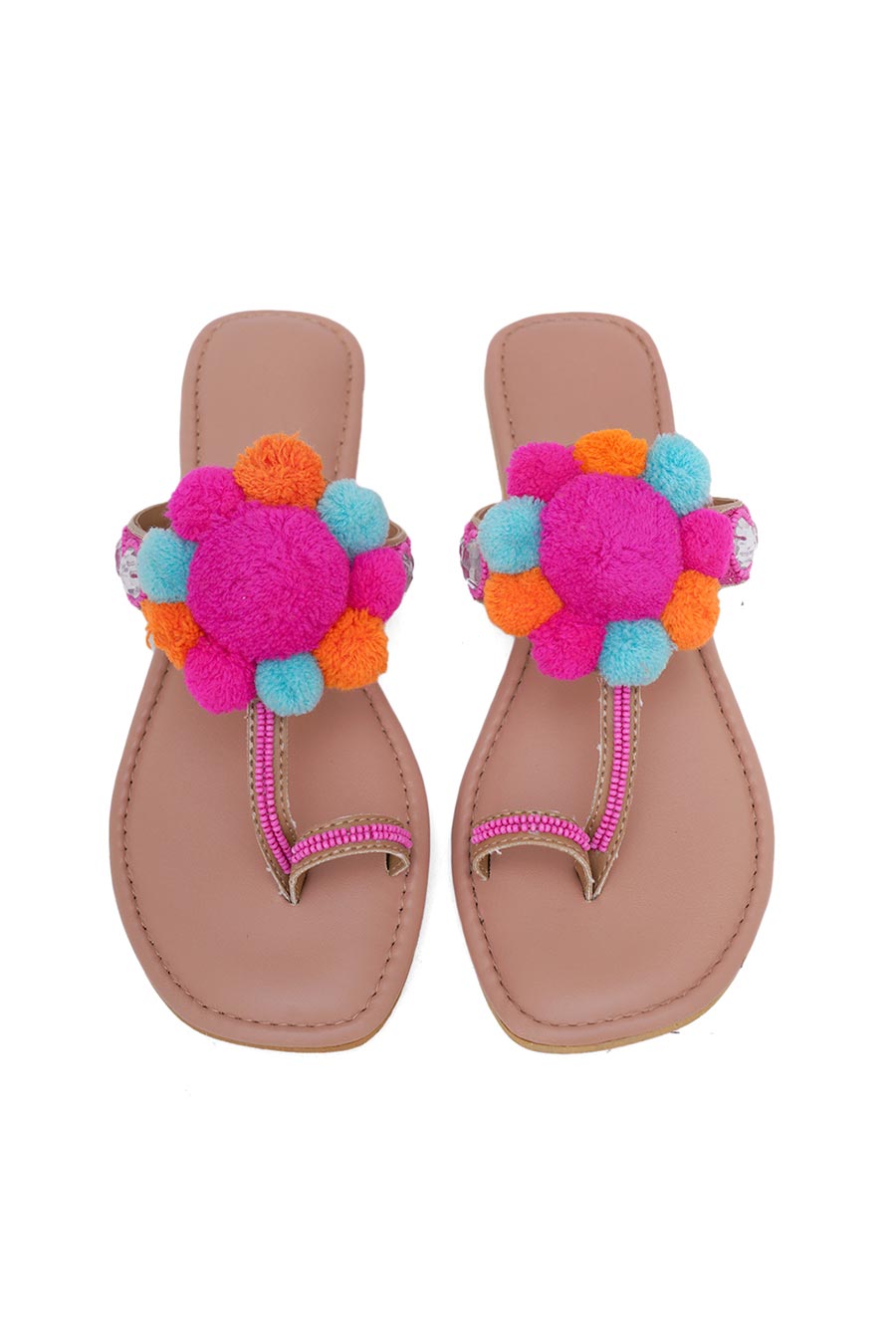 Pink Pom Pom Kolhapuri Flats