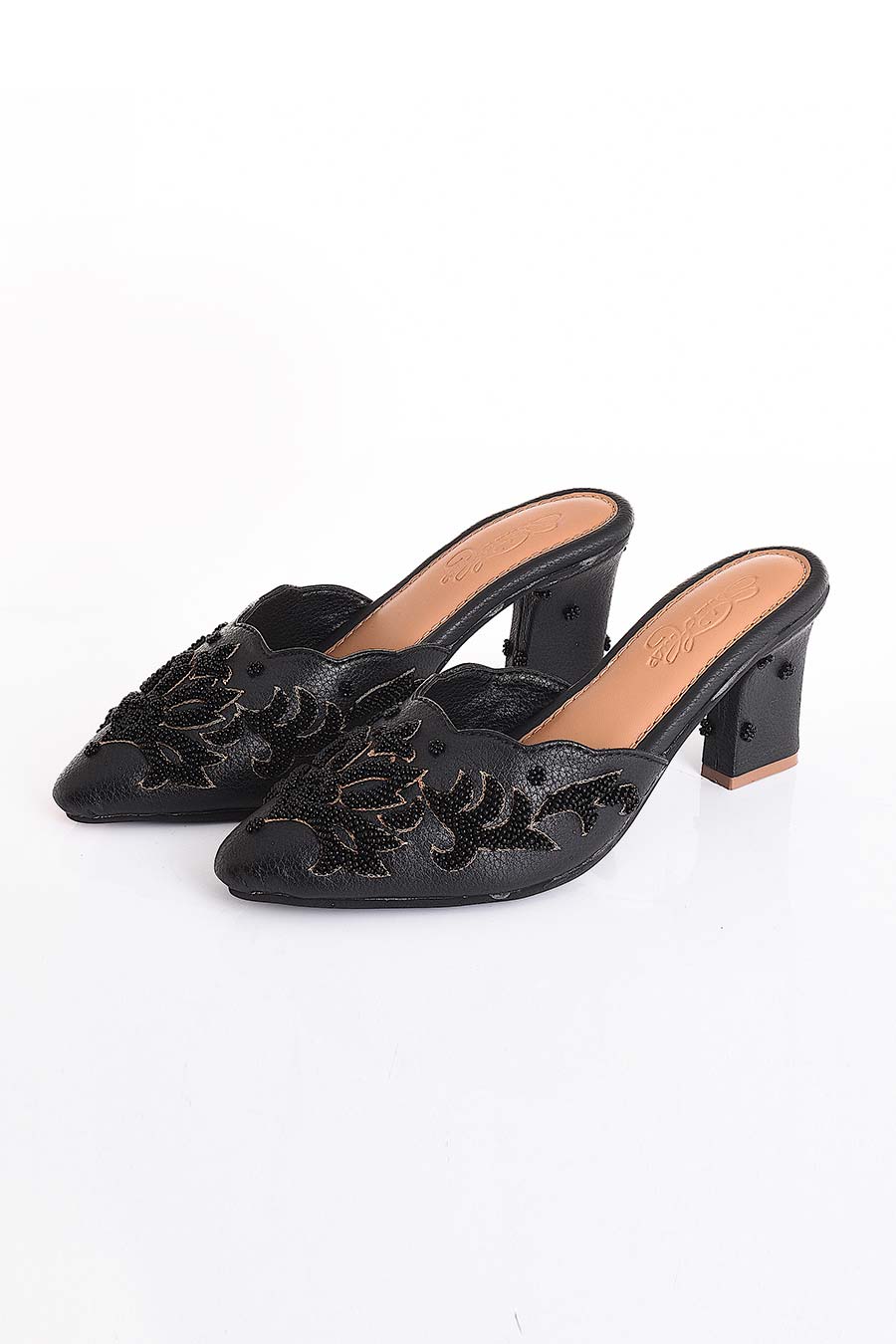 Ava Black 3D Embroidered Mules With Heel