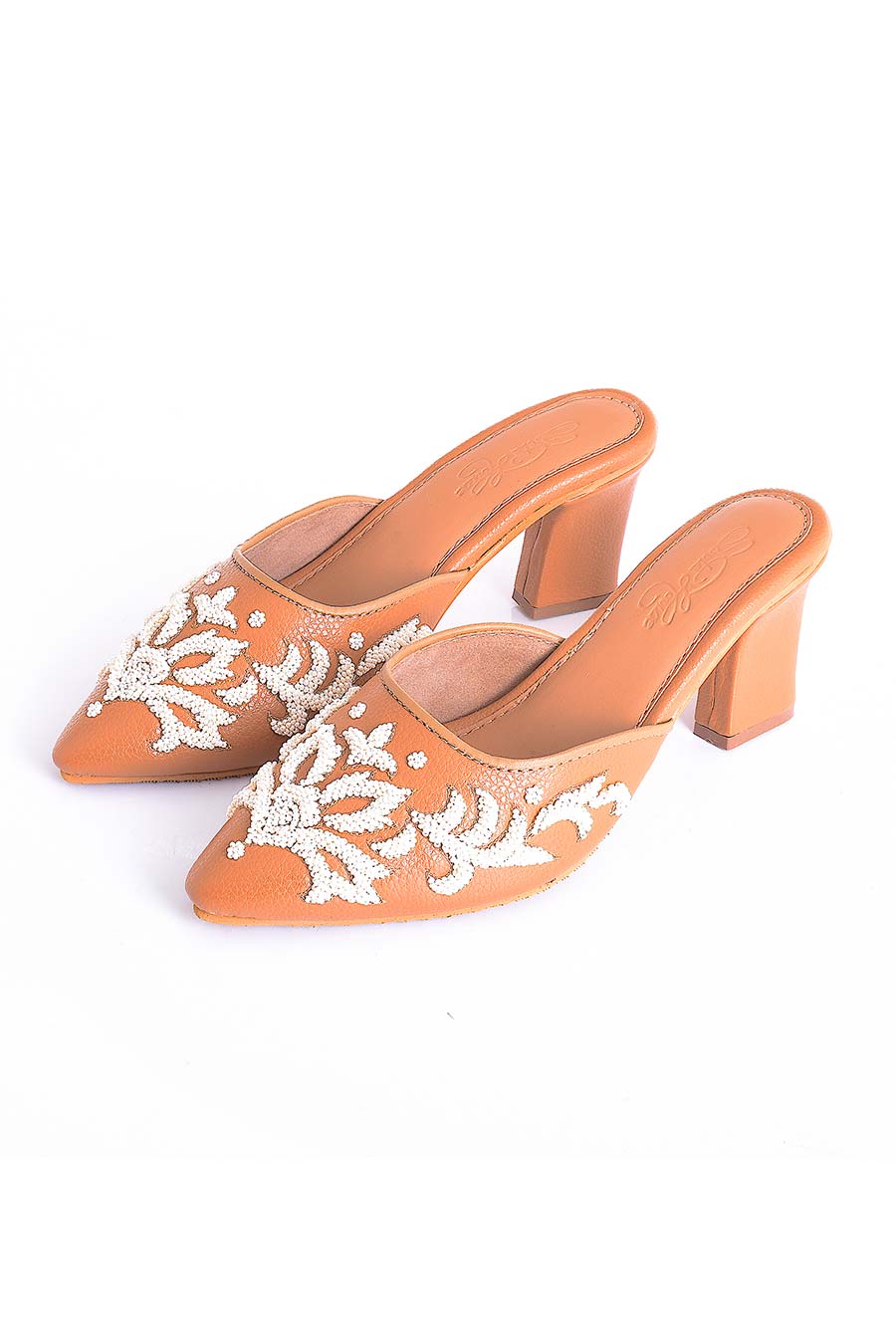 Ava Beige 3D Embroidered Mules With Heel