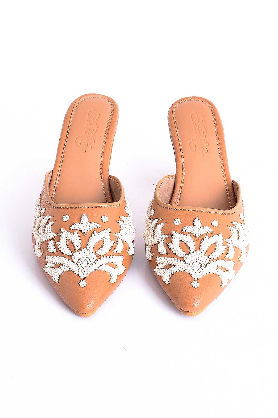 Ava Beige 3D Embroidered Mules With Heel