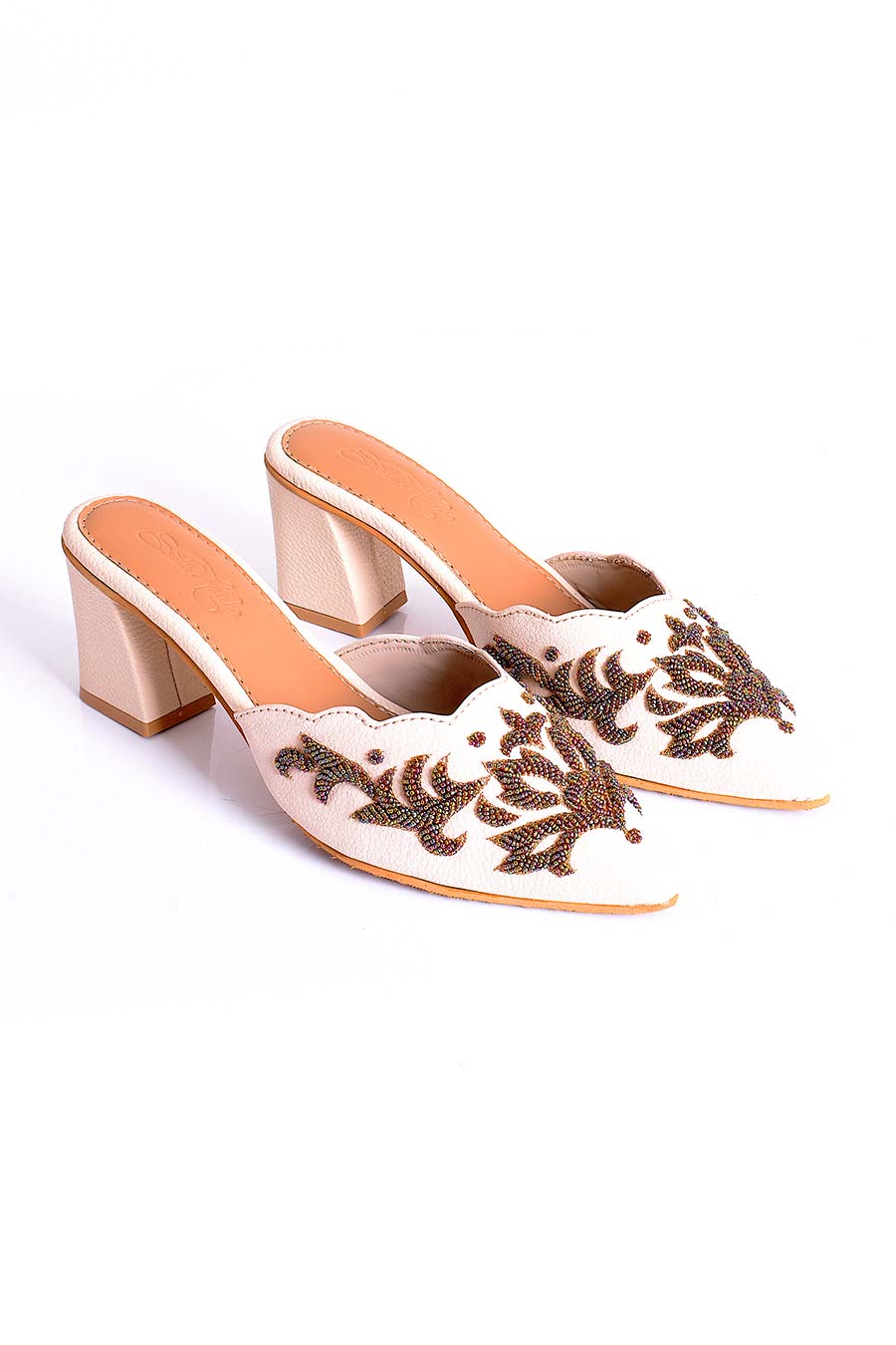 Ava Creme 3D Embroidered Mules With Heel