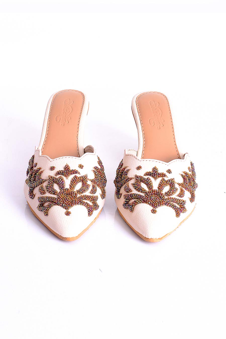 Ava Creme 3D Embroidered Mules With Heel