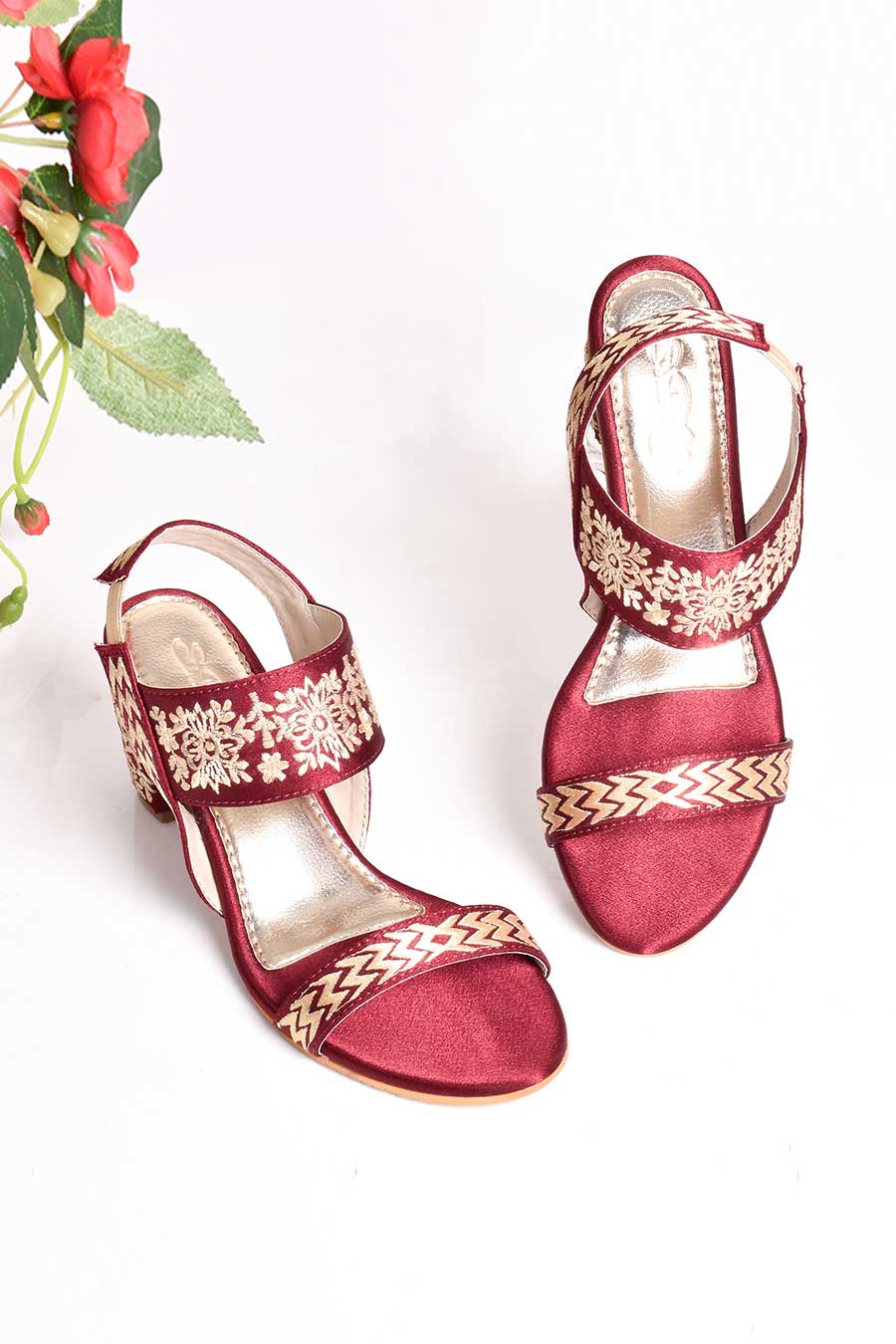 Maroon & Gold Embroidered Heels