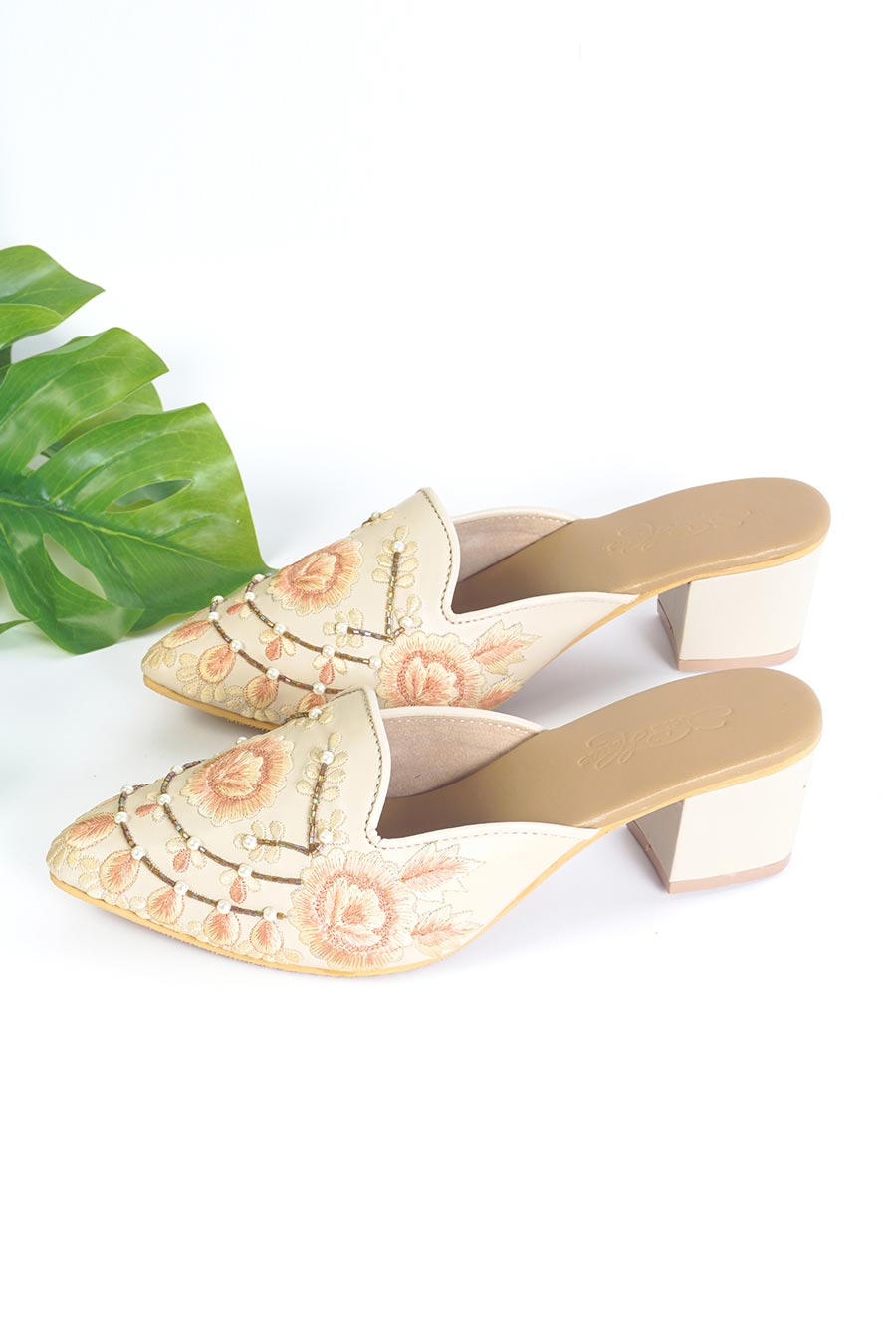 Saffron Embellsihed Mules With Heel