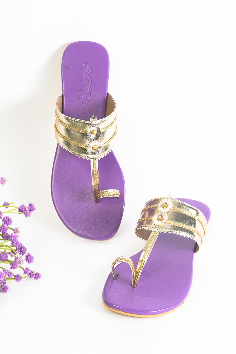 Light Gold & Purple Kolhapuri Flats