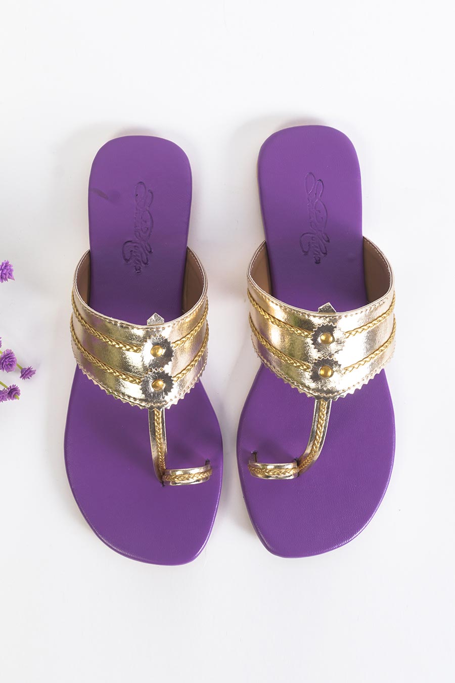 Light Gold & Purple Kolhapuri Flats