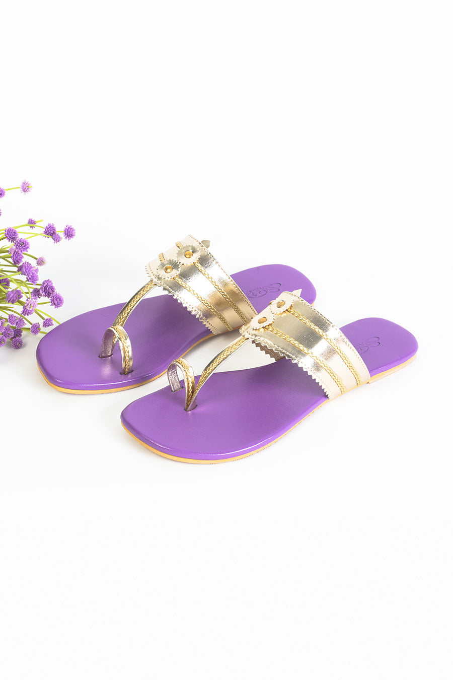 Light Gold & Purple Kolhapuri Flats