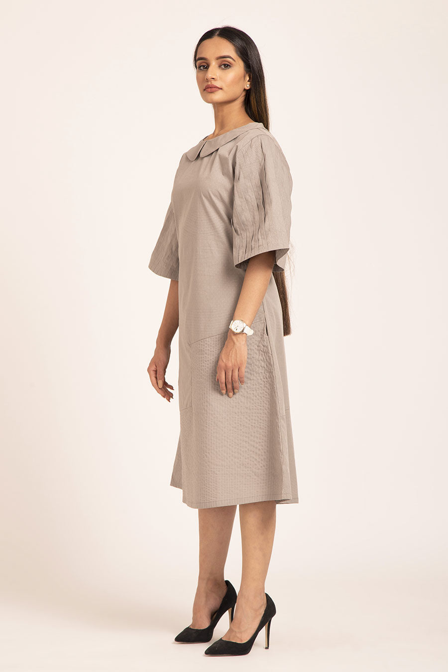 Daffodils - Grey Pleated A-Line Dress