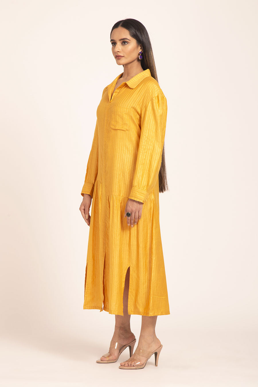Zinnia - Yellow Cotton Silk Shirt Dress