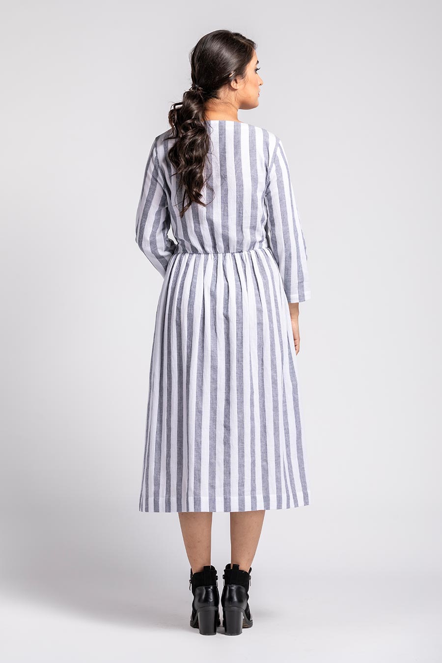 Remise Gathered Ivory Striped Dress