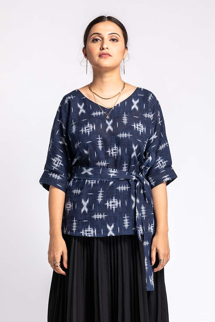 Unravel Blue Ikat Embroidered Tie-Up Top