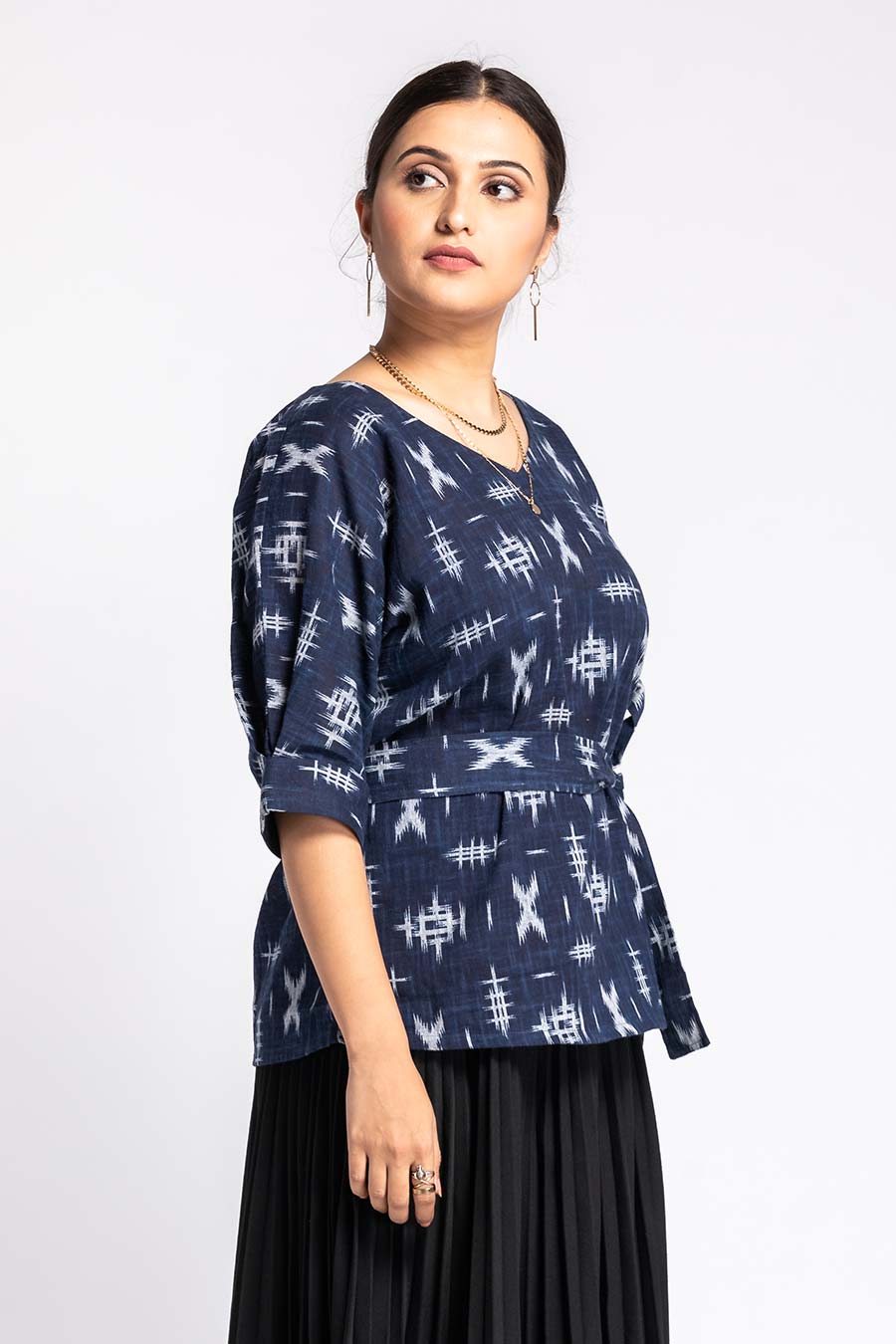 Unravel Blue Ikat Embroidered Tie-Up Top