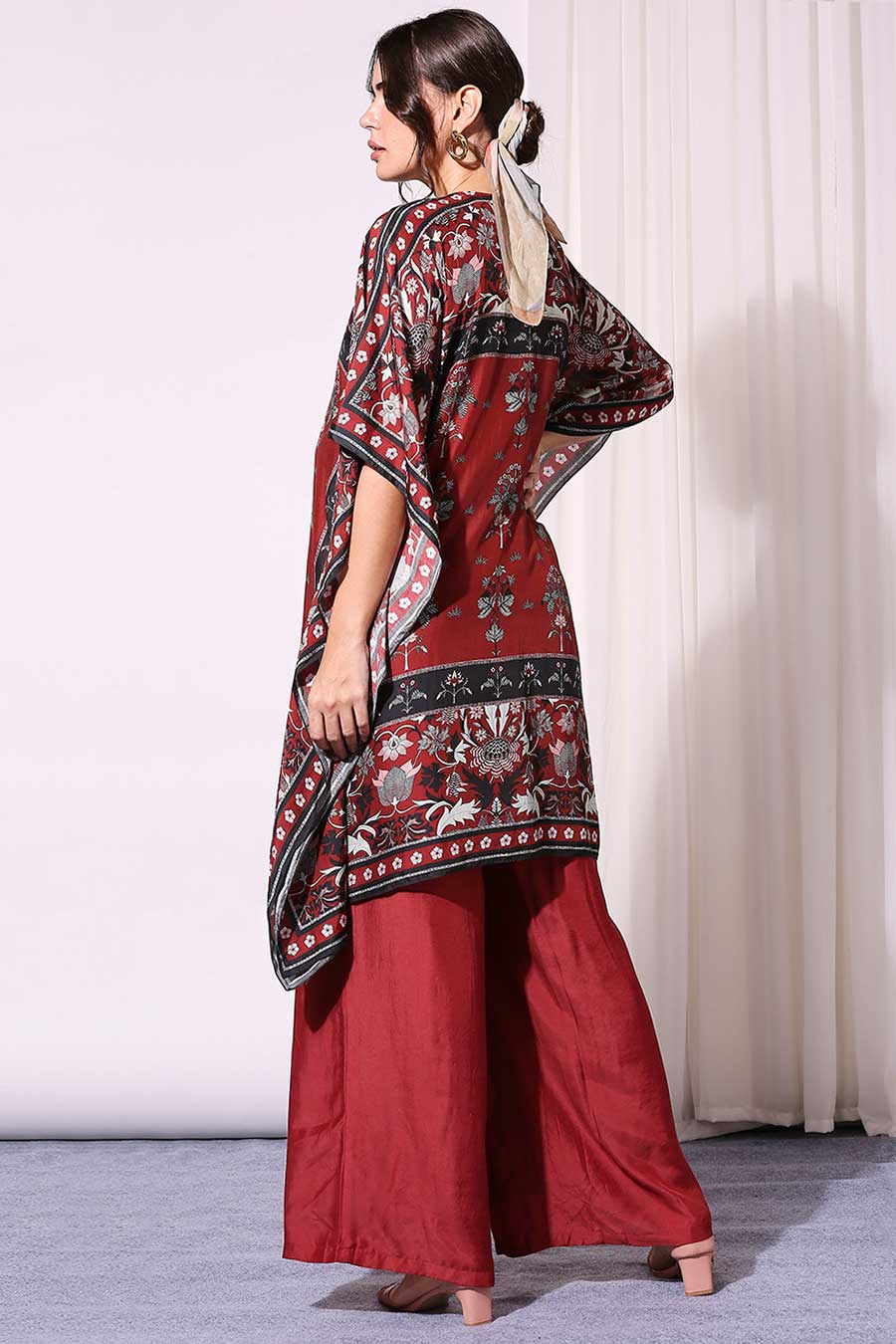 Red Silk Jumpsuit With Printed Jacket