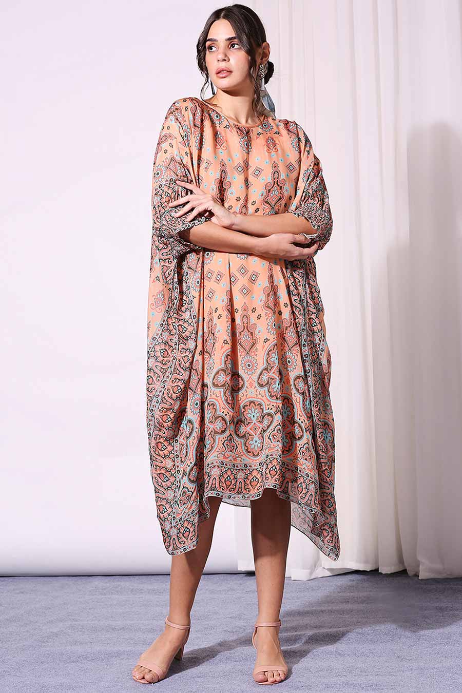 Coral Printed Kaftan Dress