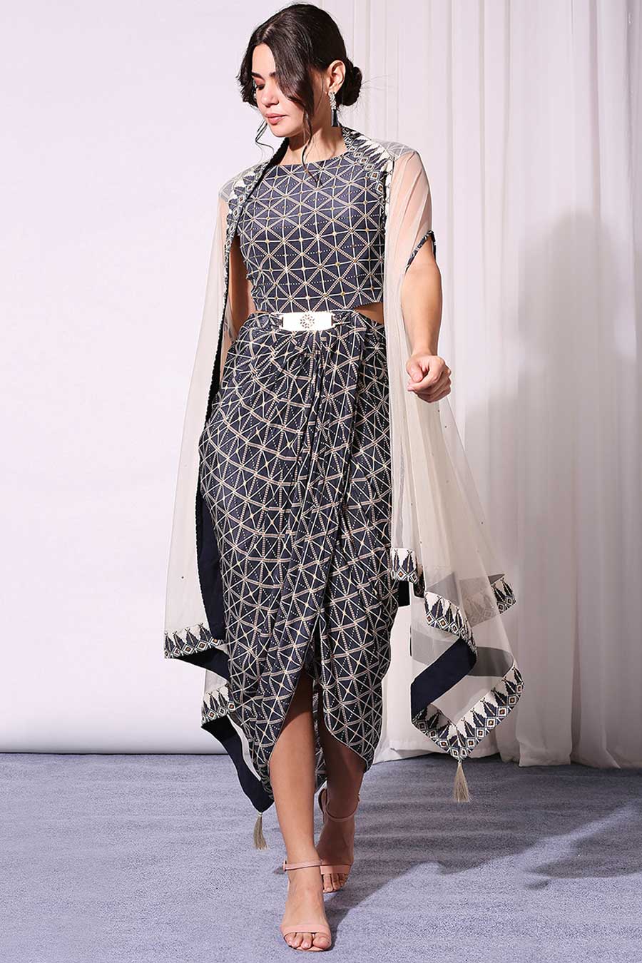 Blue Printed Drape Dress & Cape Set