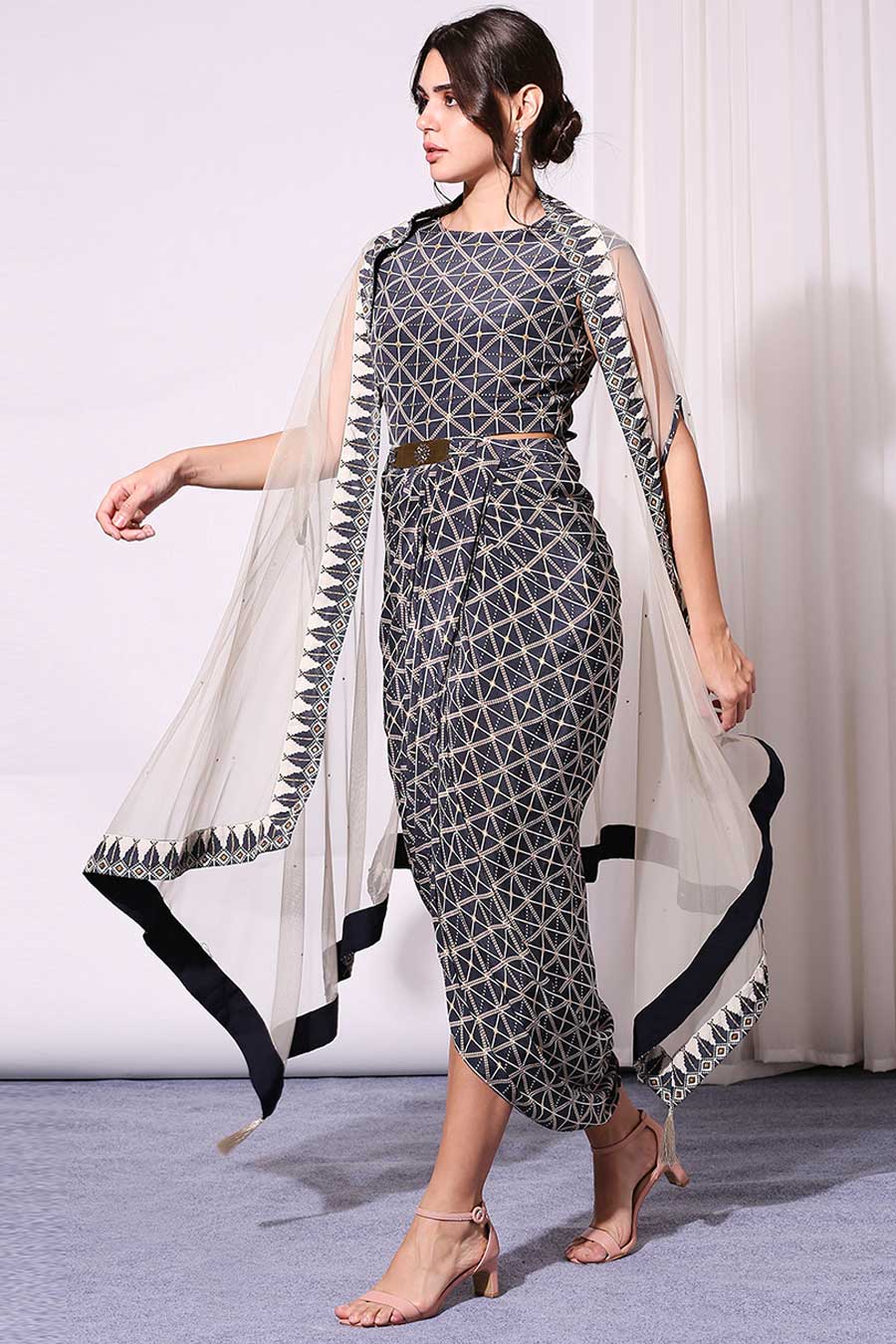 Blue Printed Drape Dress & Cape Set