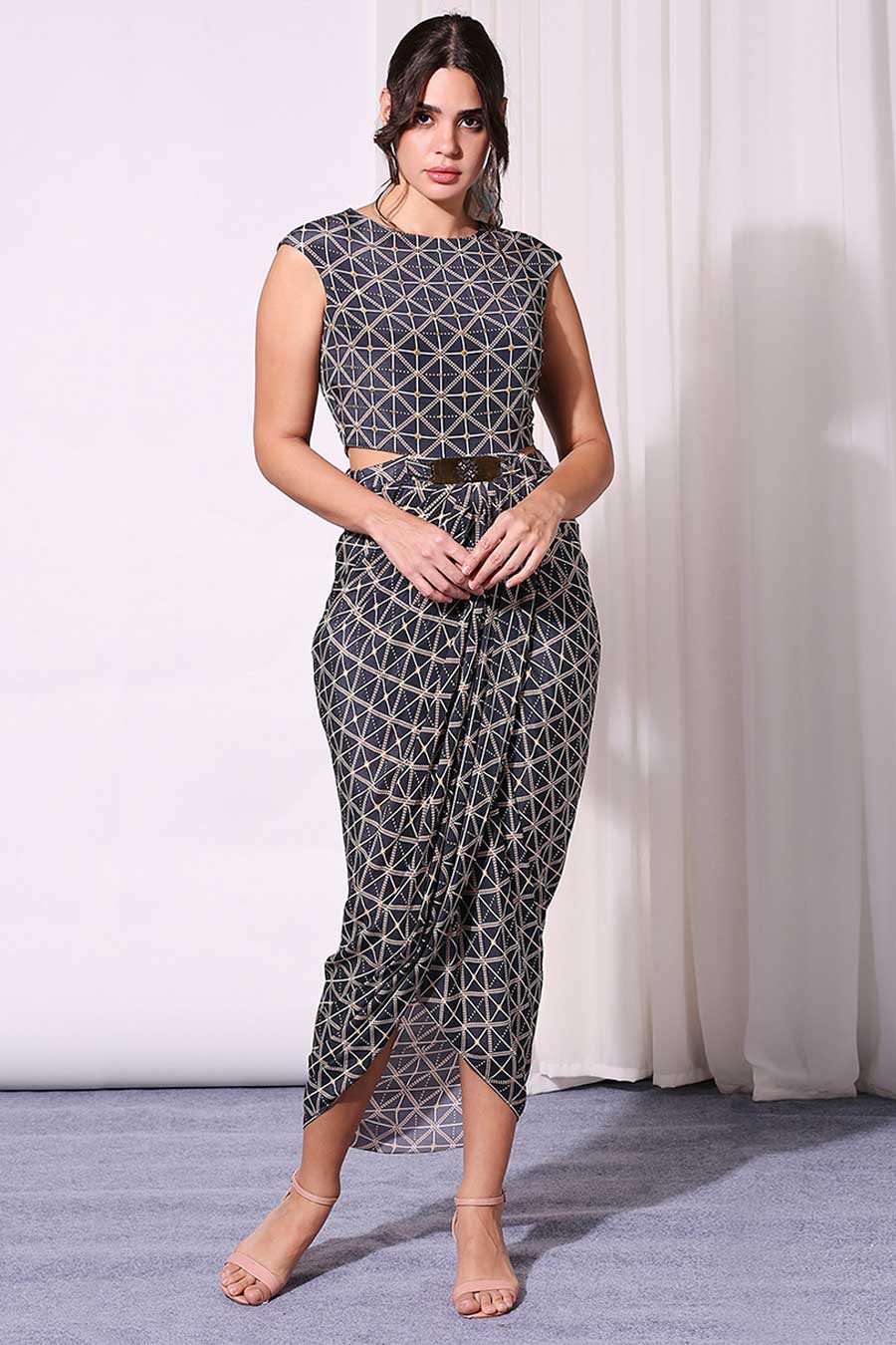 Blue Printed Drape Dress & Cape Set