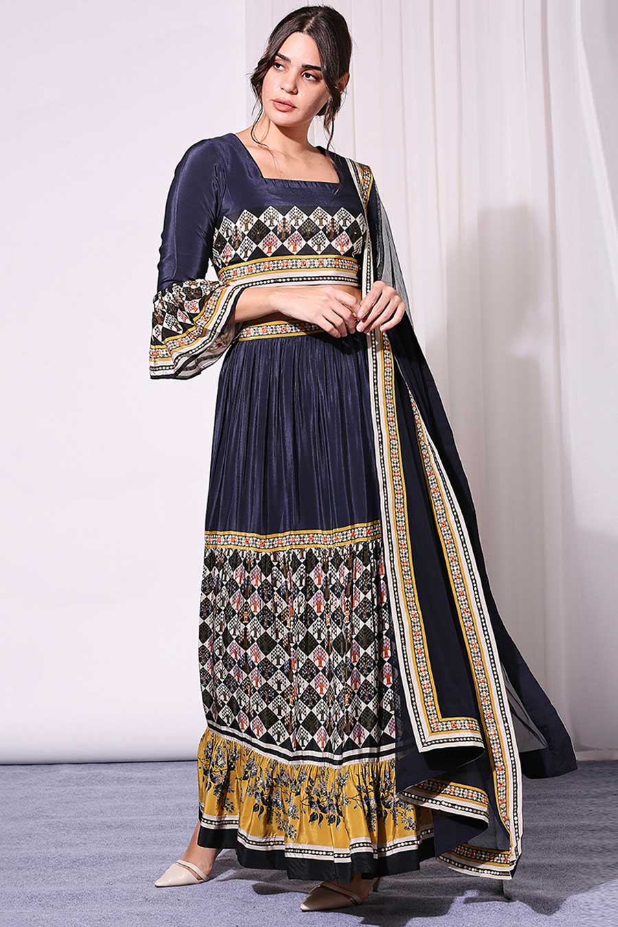Blue Printed Skirt Set With Dupatta