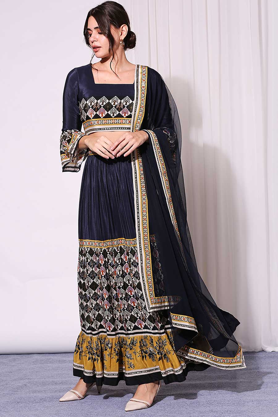 Blue Printed Skirt Set With Dupatta