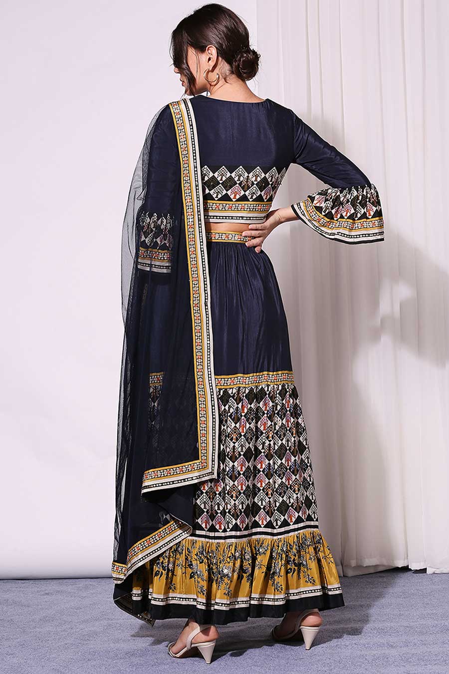 Blue Printed Skirt Set With Dupatta