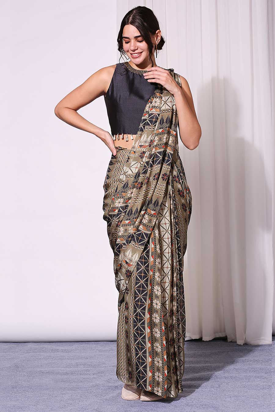 Printed Pre-Stitched Saree & Blouse Set