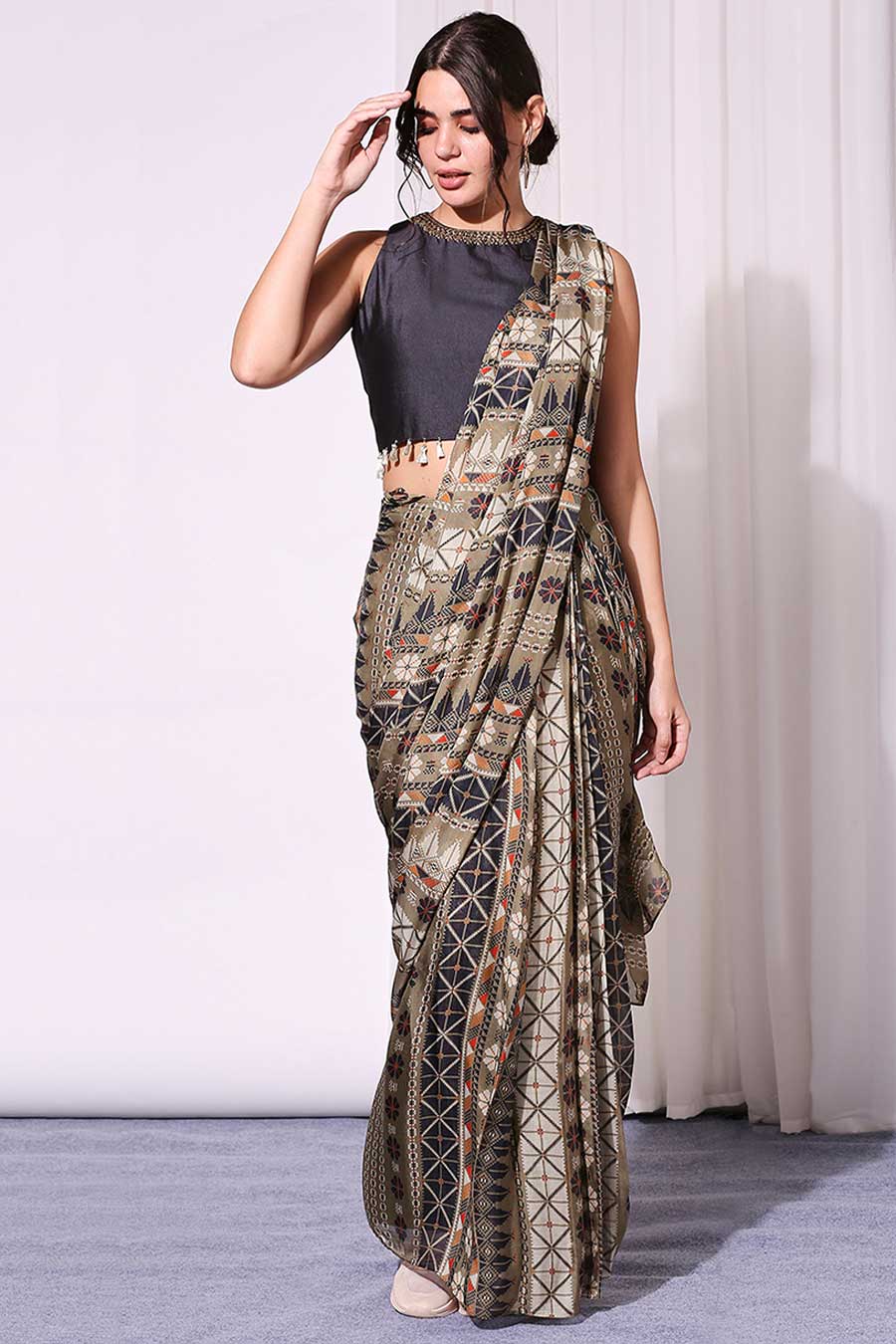 Printed Pre-Stitched Saree & Blouse Set