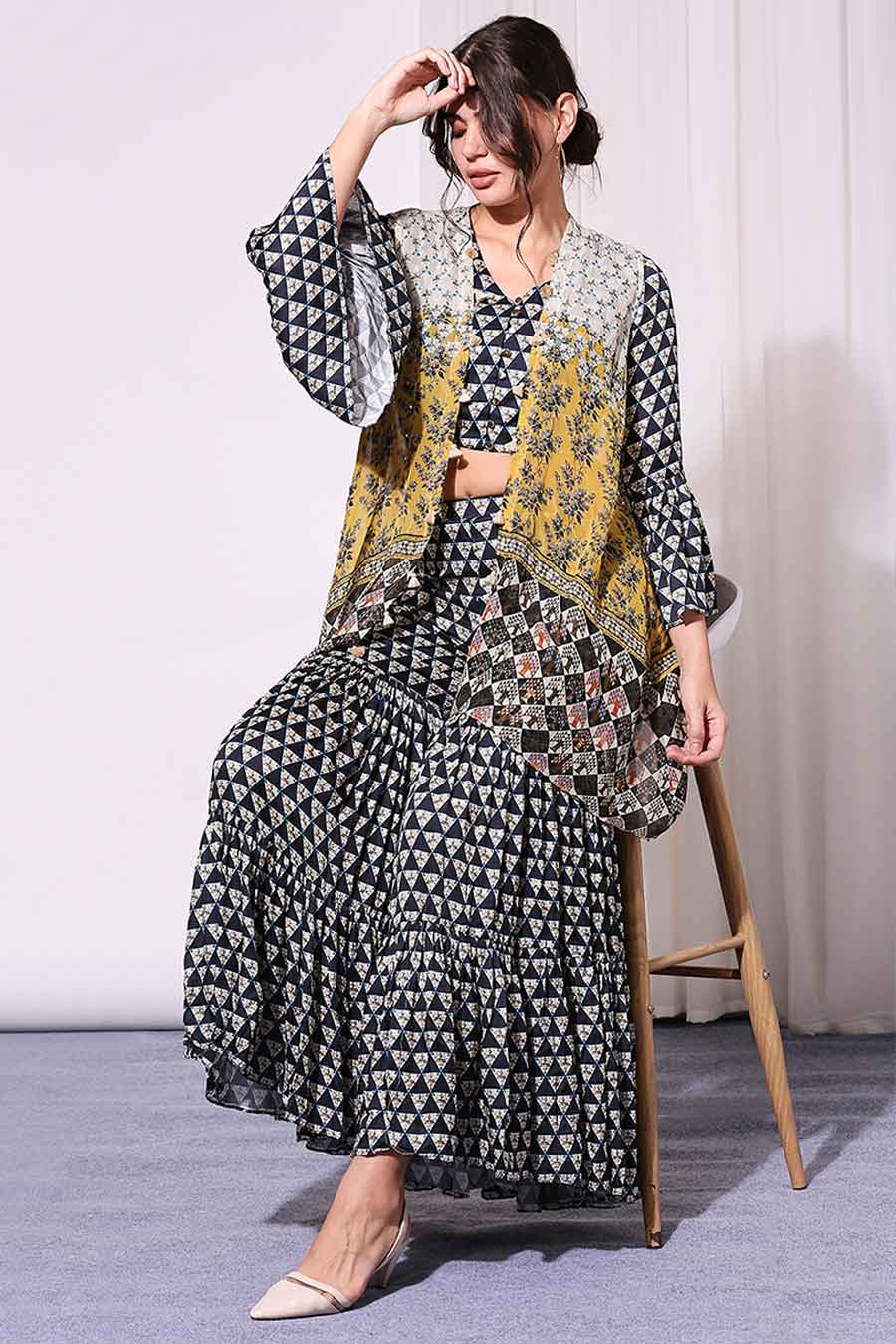 Black Printed Sharara Set With Jacket