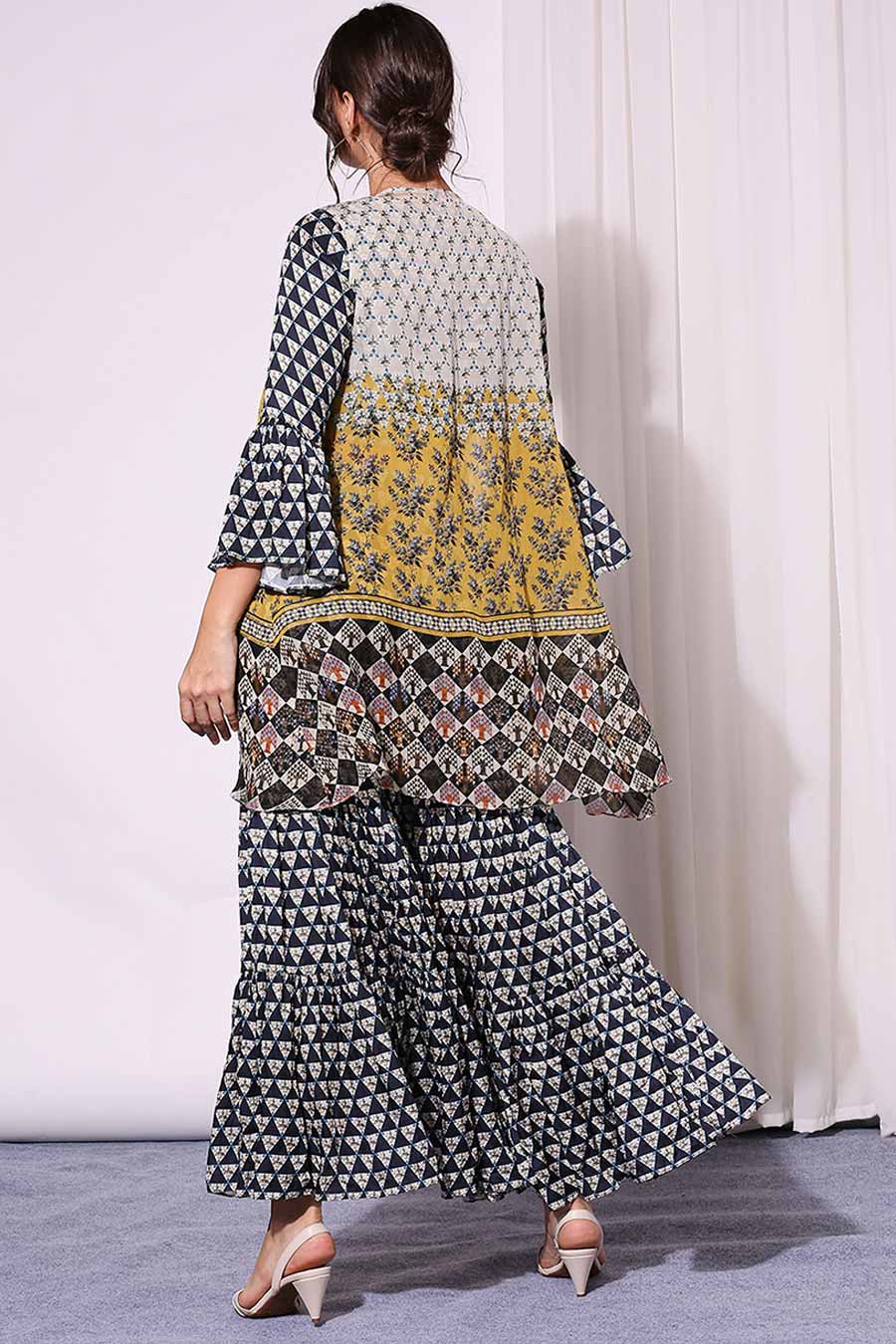 Black Printed Sharara Set With Jacket