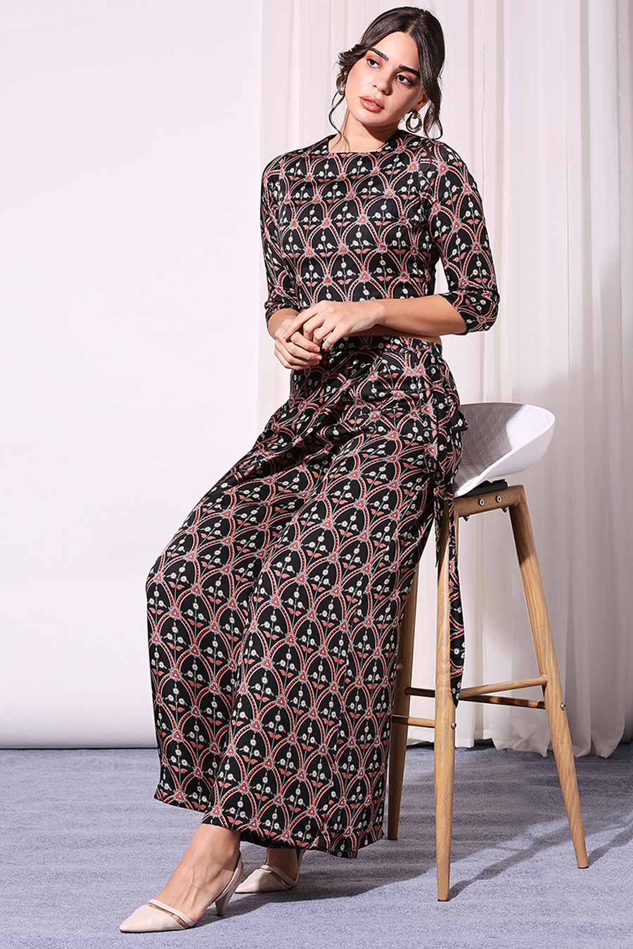 Black Printed Co-Ord Set With Jacket