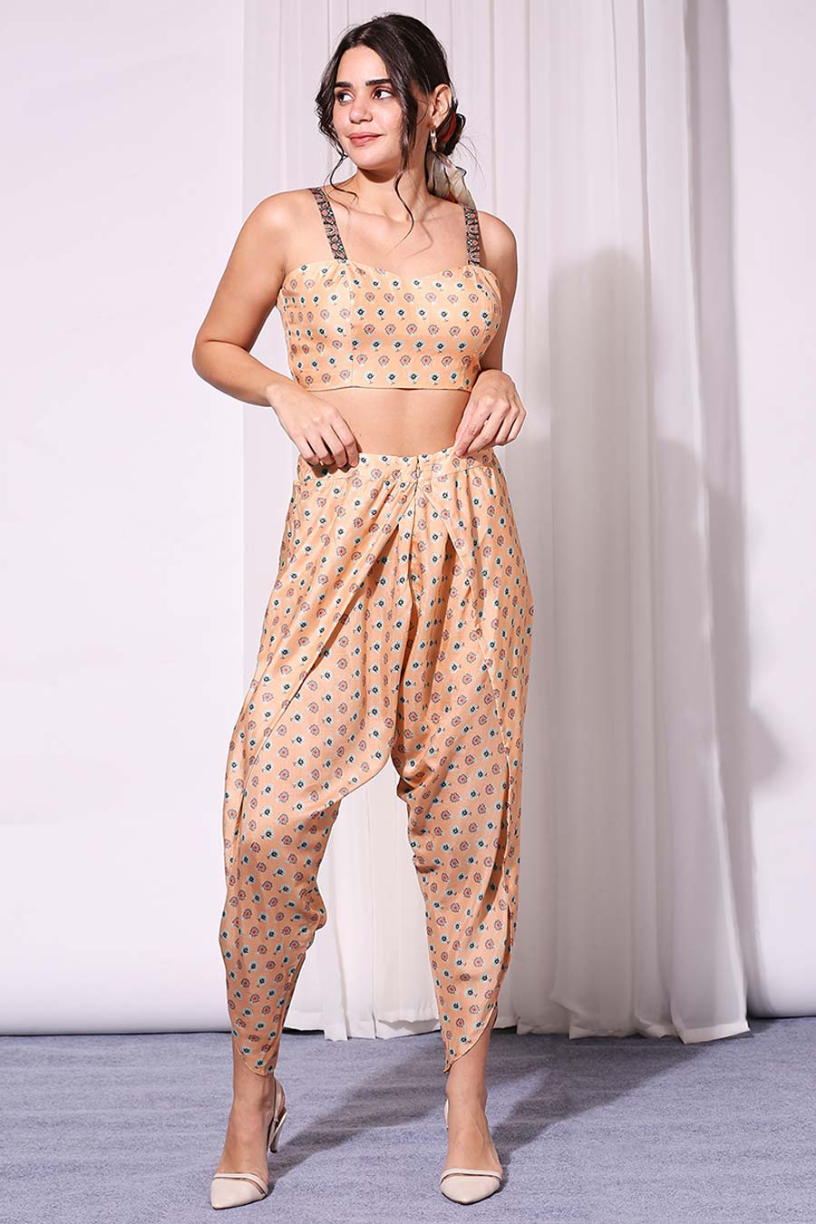 Coral Printed Co-Ord Set With Cape