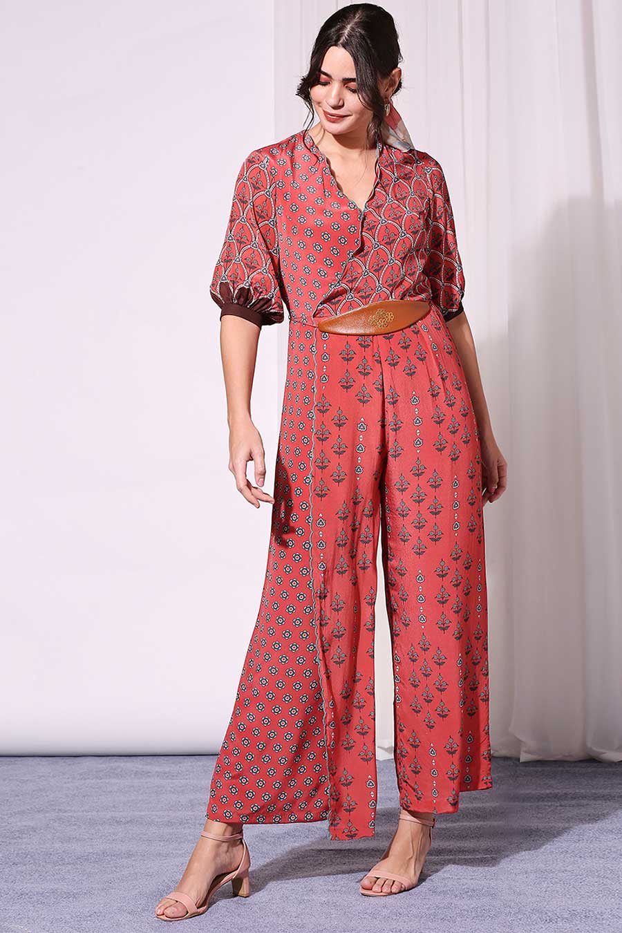 Red Overlap Jumpsuit With Leather Belt