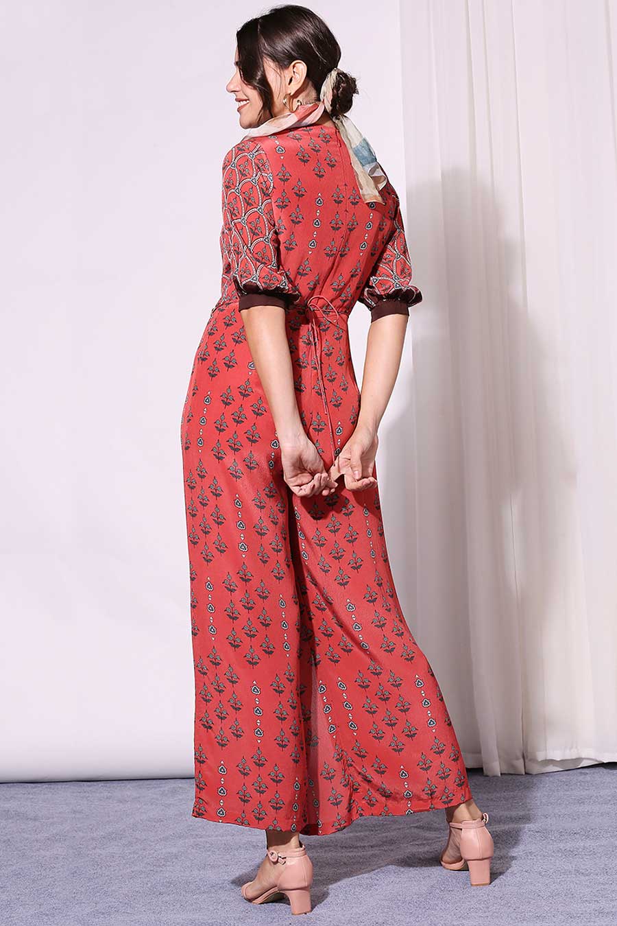 Red Overlap Jumpsuit With Leather Belt