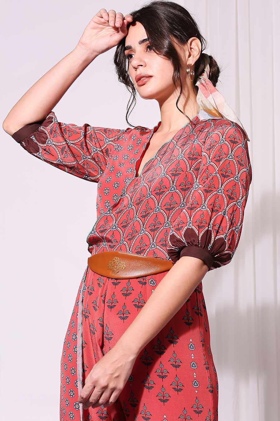 Red Overlap Jumpsuit With Leather Belt