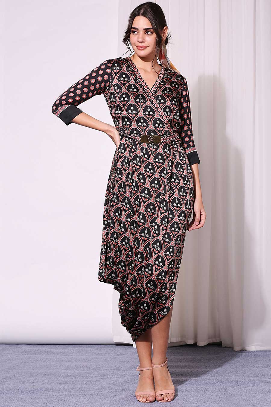 Black Printed Drape Dress with Belt