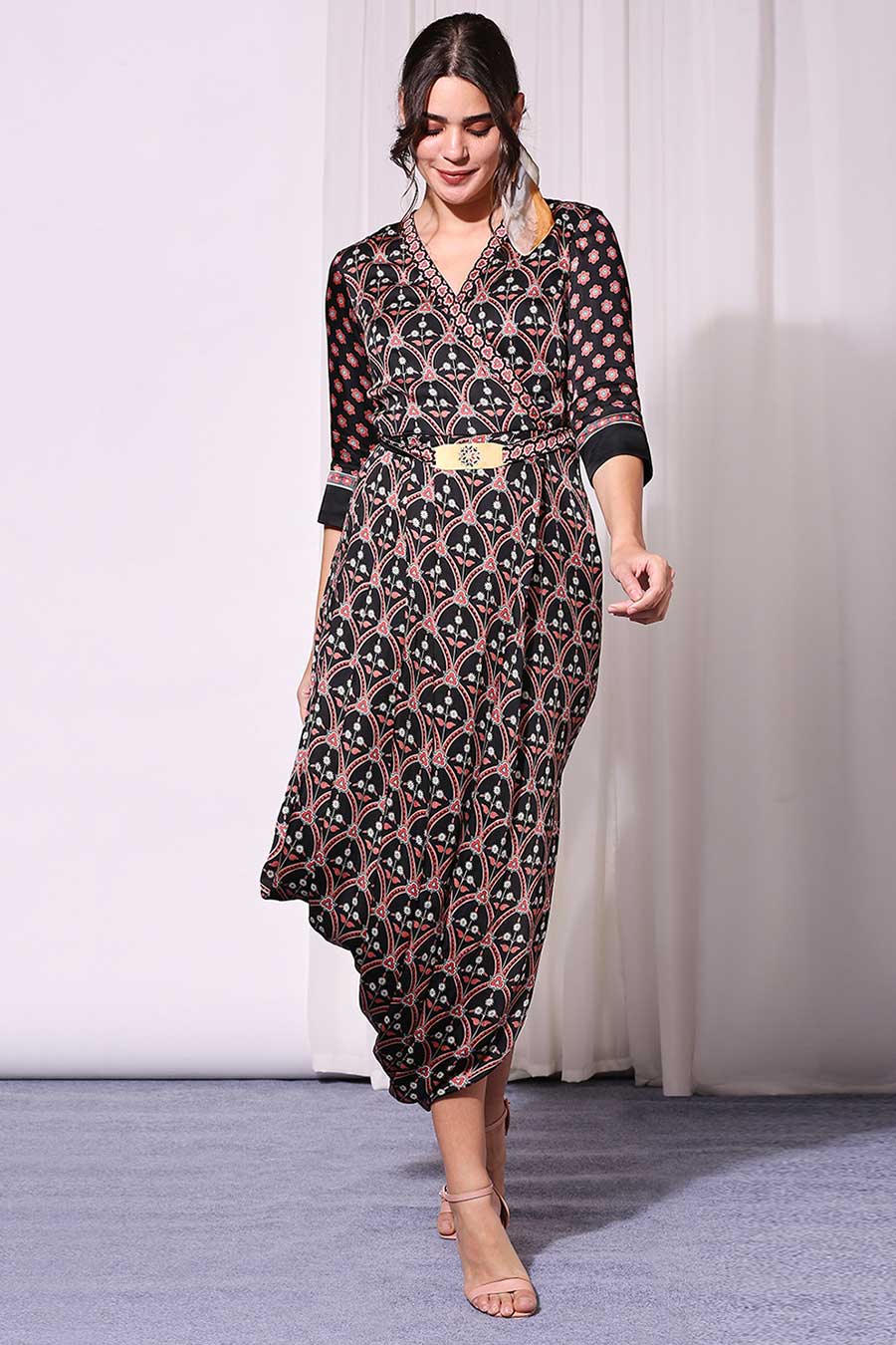 Black Printed Drape Dress with Belt