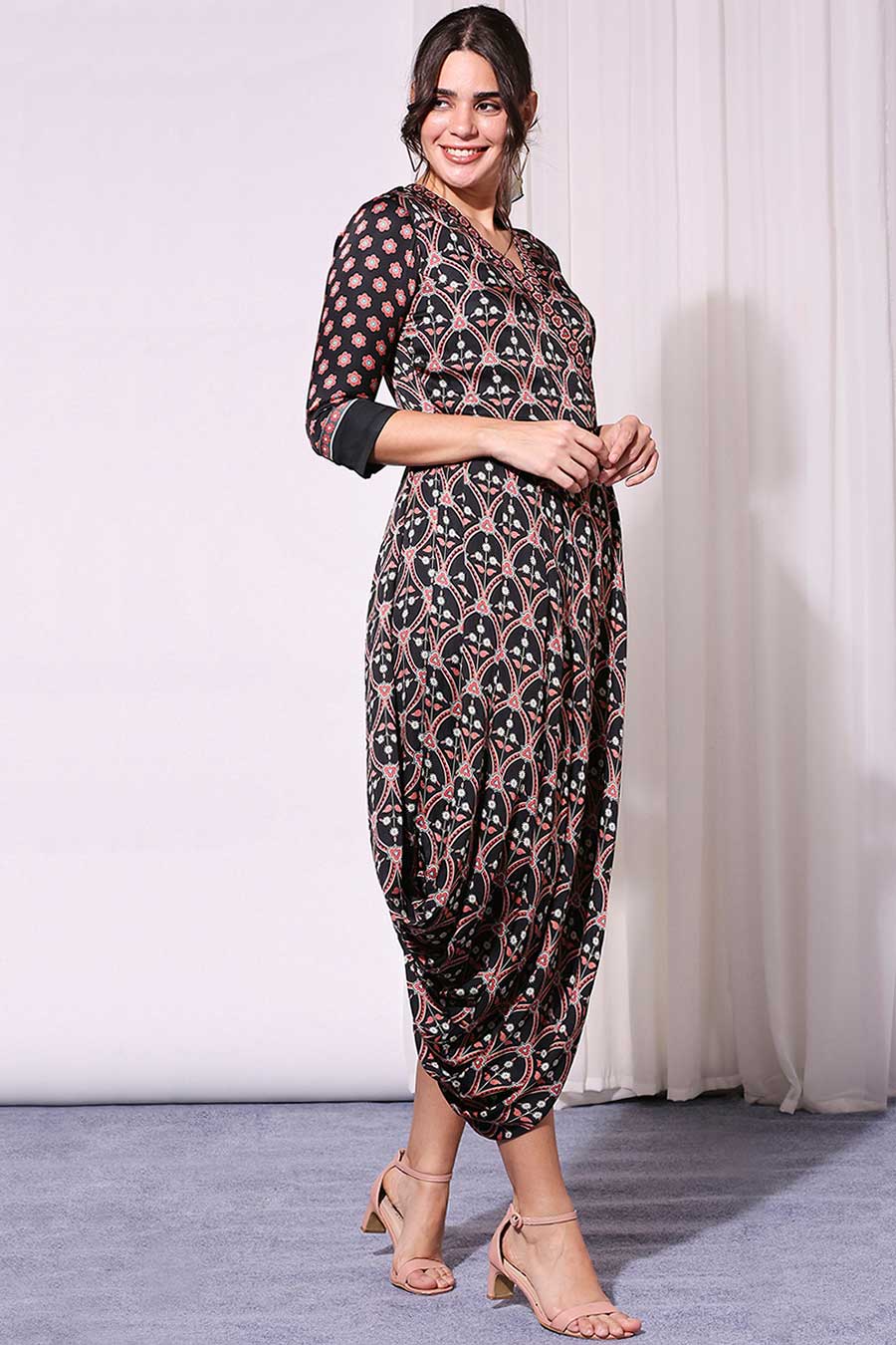 Black Printed Drape Dress with Belt