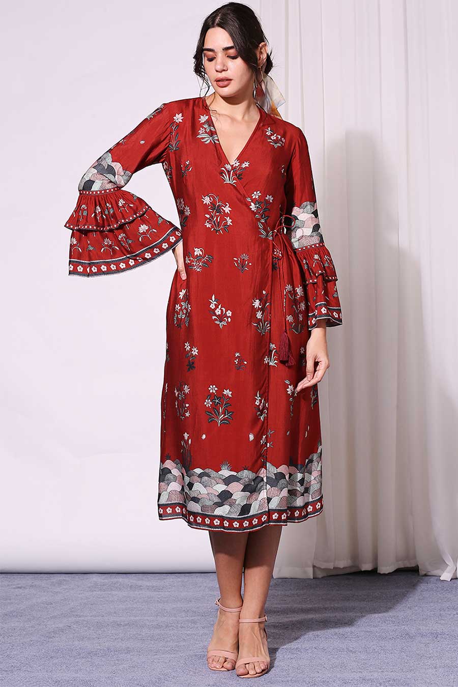 Red Printed Chanderi Overlap Dress