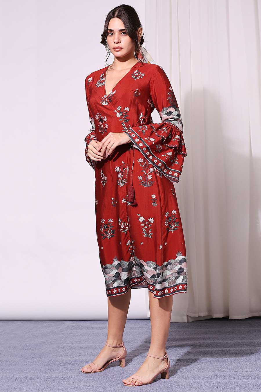 Red Printed Chanderi Overlap Dress