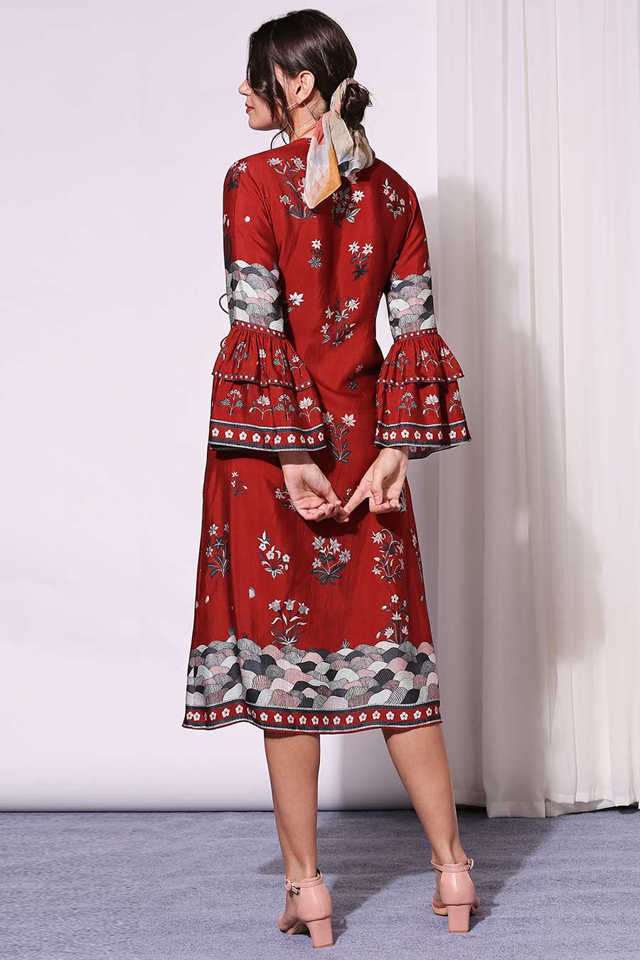 Red Printed Chanderi Overlap Dress