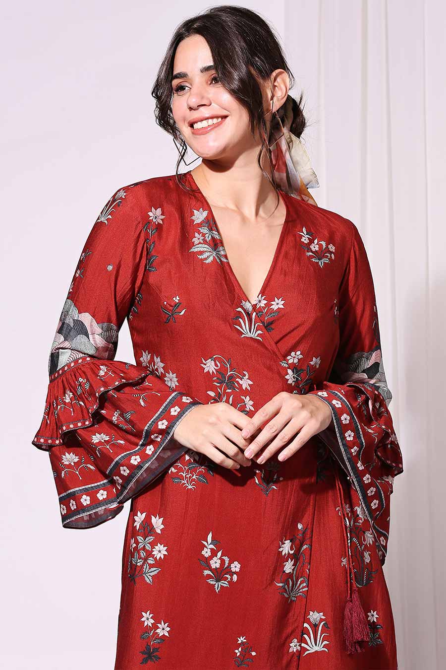 Red Printed Chanderi Overlap Dress