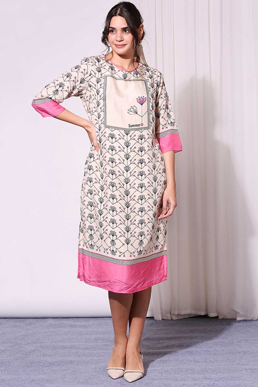 Pink Printed Silk Midi Dress