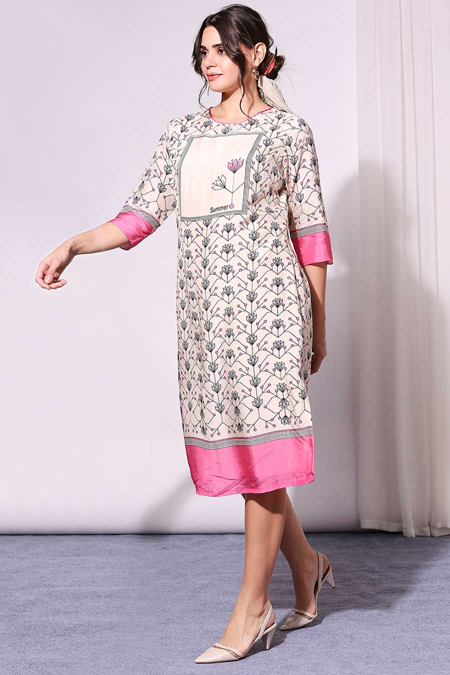 Pink Printed Silk Midi Dress