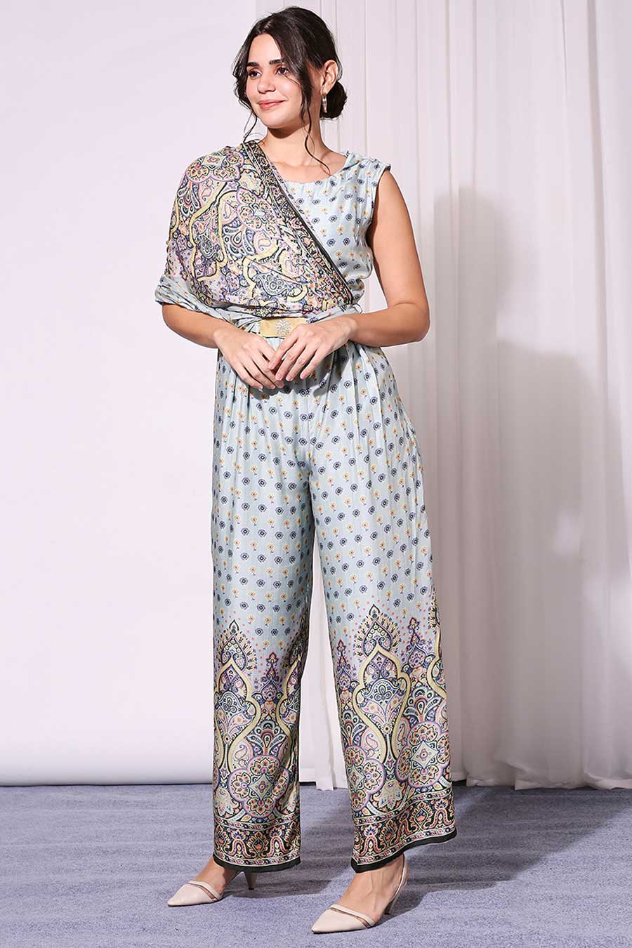 Blue Floral Print Drape Jumpsuit